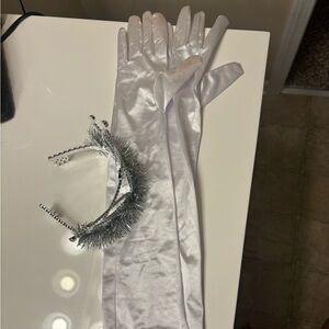 Long White Costume Gloves and Plastic Crown